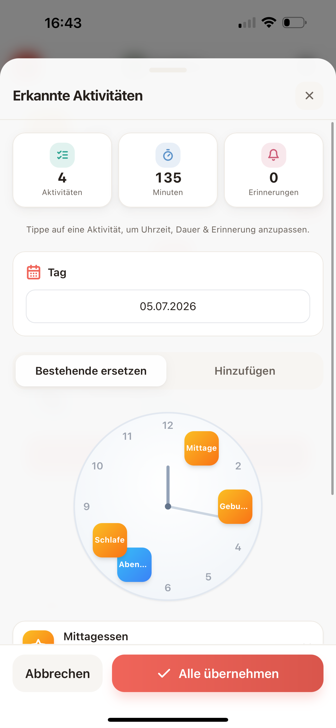 Erkannte Tagespunkte der Magnetuhr in der FamBliss+ App, mit Uhrzeit und Kind