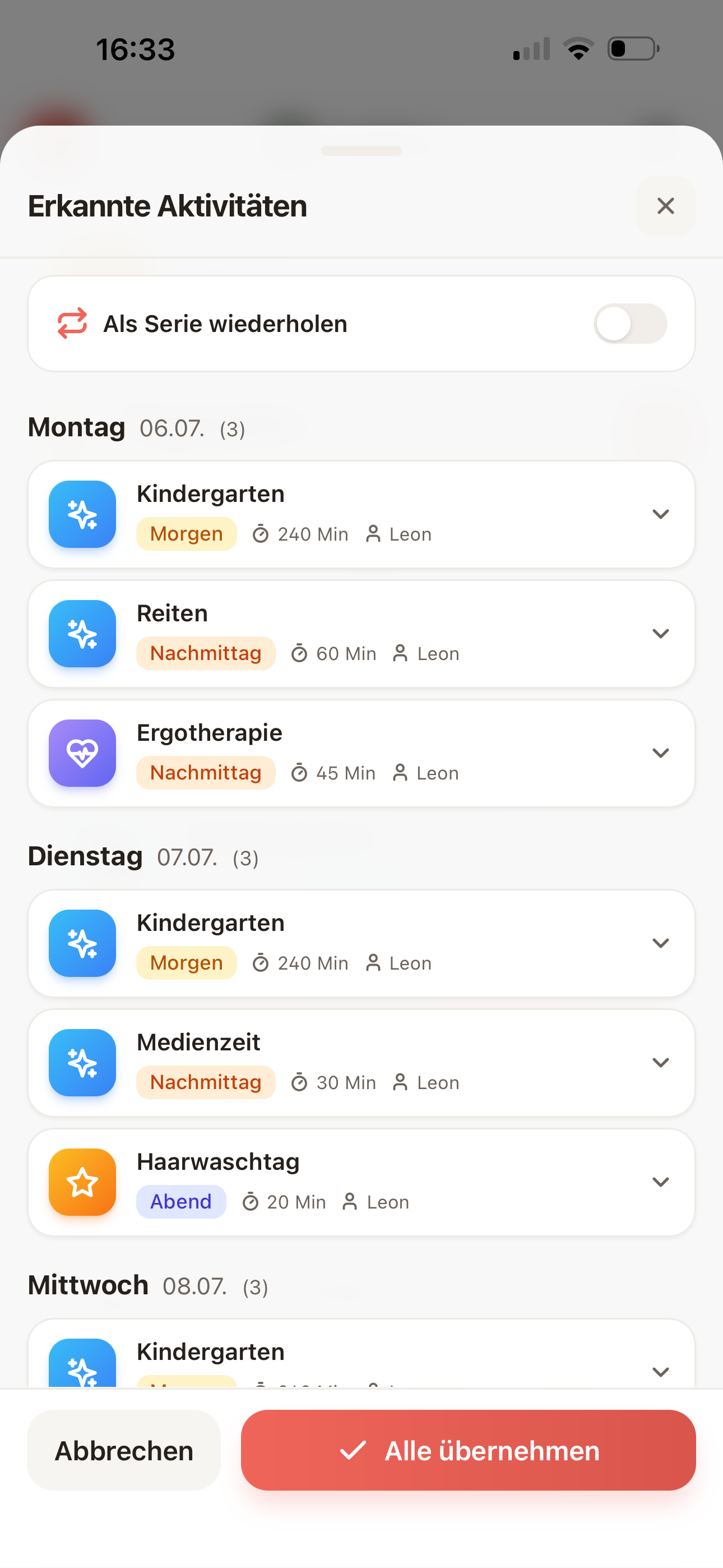 Erkannte Termine mit Uhrzeit und Erinnerung in der FamBliss+ App