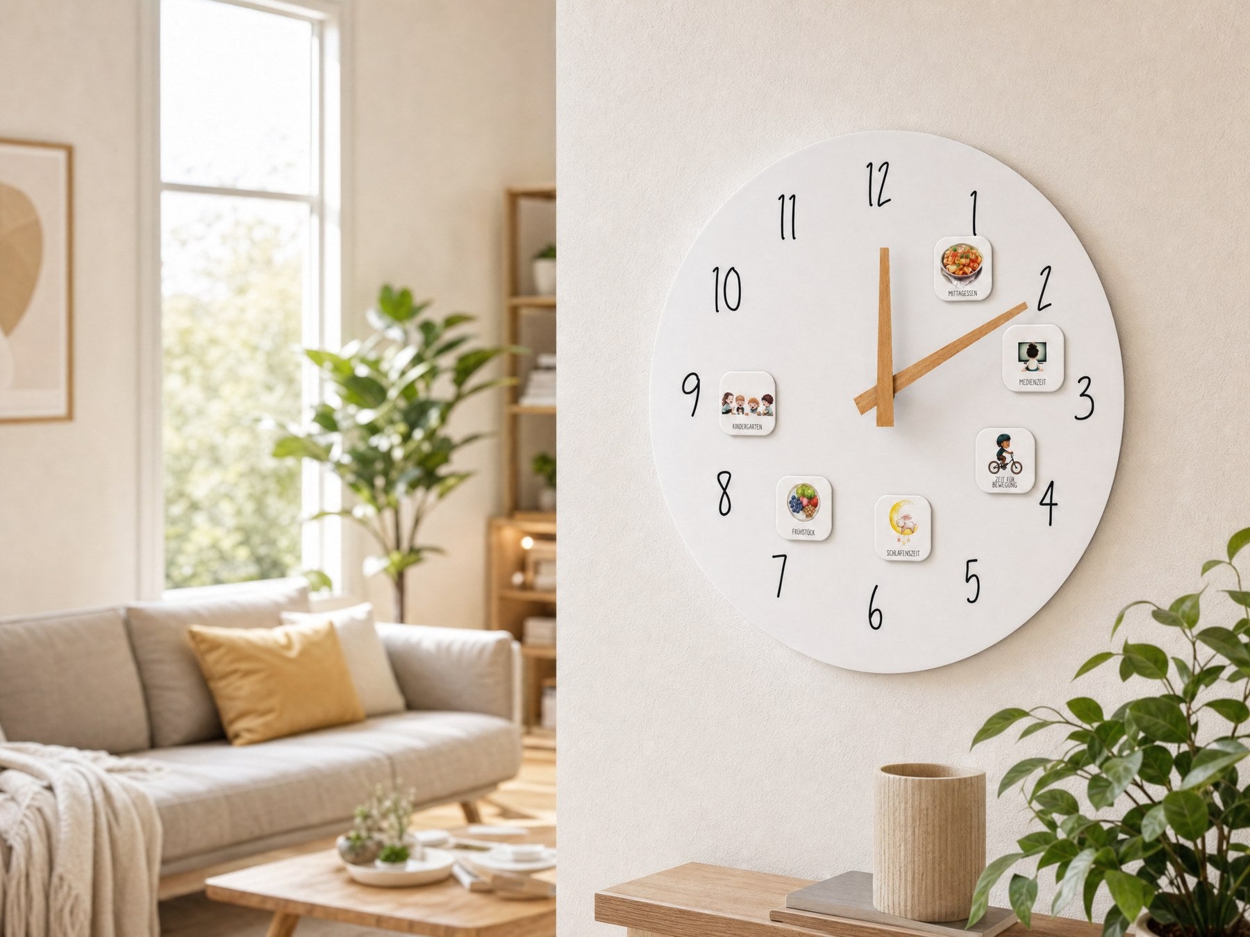 Fambliss Magnetuhr an der Wohnzimmerwand mit magnetischen Tagesablauf-Karten